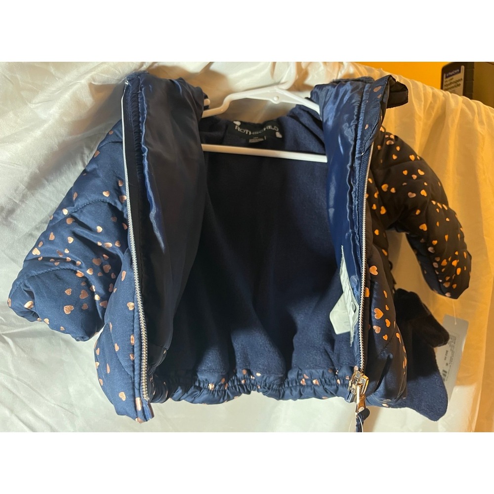 Rothschild Baby Girls Infant Jacket Navy Blue Gold Hearts 12 Months Mittens Hood - Picture 3 of 7